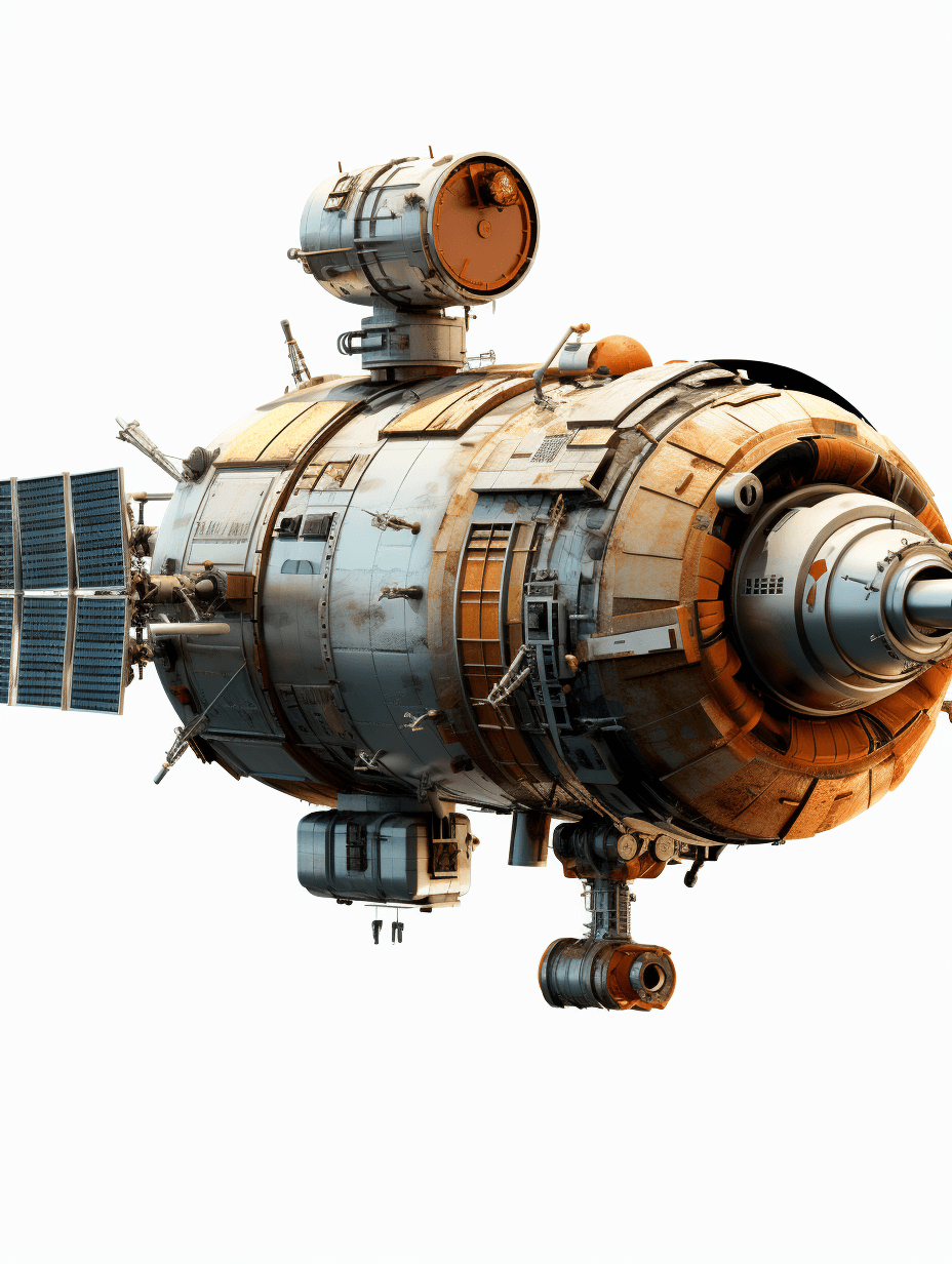 A realistic rendering of an industrial space station with solar panels and engines, floating in the air on a white background as seen from above. It is made to look like it was built in the style of steam punk. Detailed, high resolution digital artwork with natural lighting, isolated on a white background at 20 megapixels.