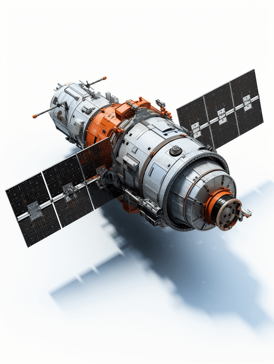 A realistic photo of the Chinese space station towards Earth, top view, on white background, high resolution photography, high details and natural light, product photography, studio lighting, with shadows, high sharpness, ultrarealistic, hyperdetailed, advertisinginspired, isolated on white background