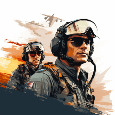 An air force pilot and his friend are depicted in an airsoft in the sky in the style of vector style illustration against a white background. Graphic design elements are depicted around them in the digital art style with professional quality and high detail in a hyper realistic style with professional color grading.