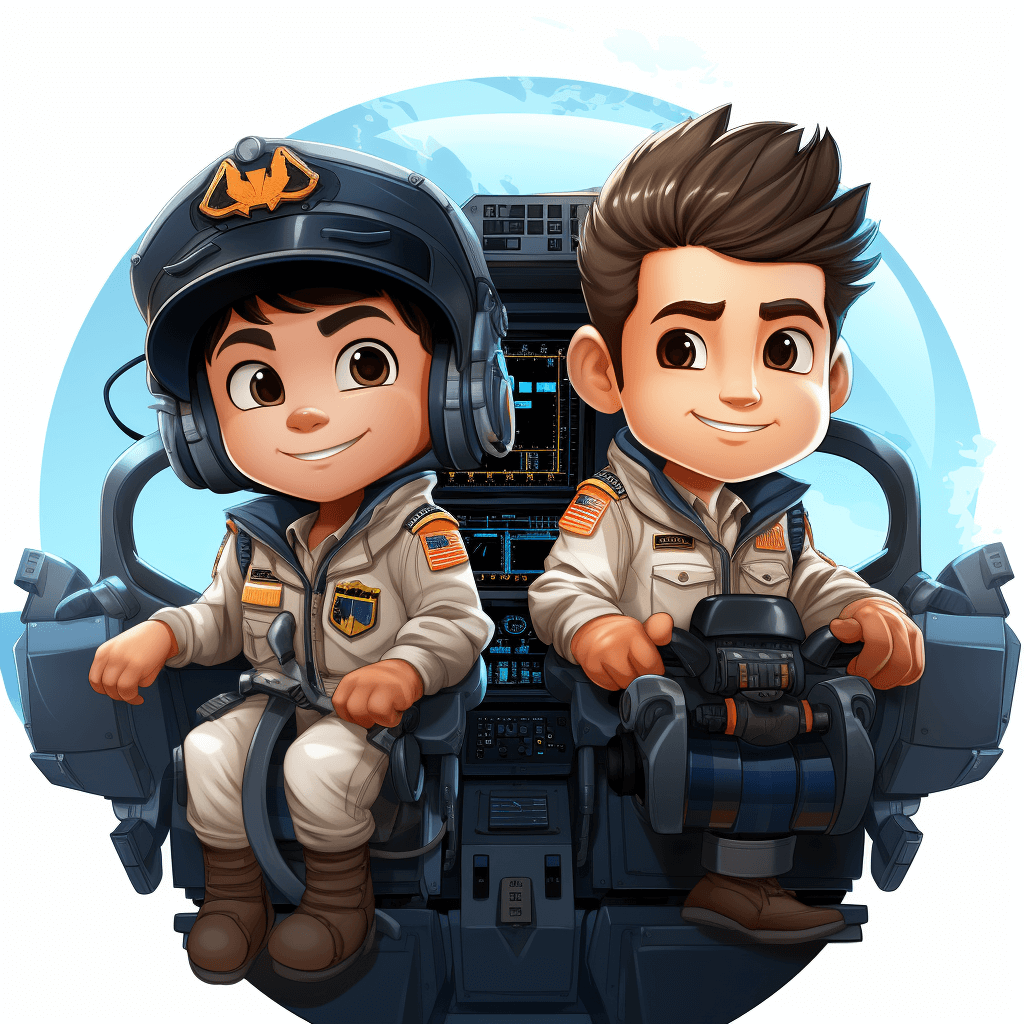 A cute cartoon illustration of two young men sitting in the cockpit, wearing pilot uniforms and helmets with orange lightning bolts on them. They have brown hair. The background is white. Vector graphics, flat design, white background. in the style of [James Gilleard](https://goo.gl/search?artist%20James%20Gilleard). In the style of Chibi anime art.