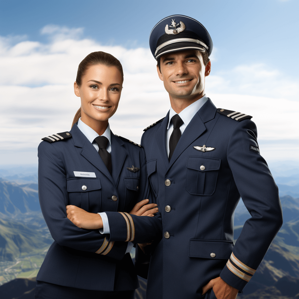 A male and female commercial pilot in navy blue uniforms, posing for the camera smiling with alps background, in the style of photorealistic.