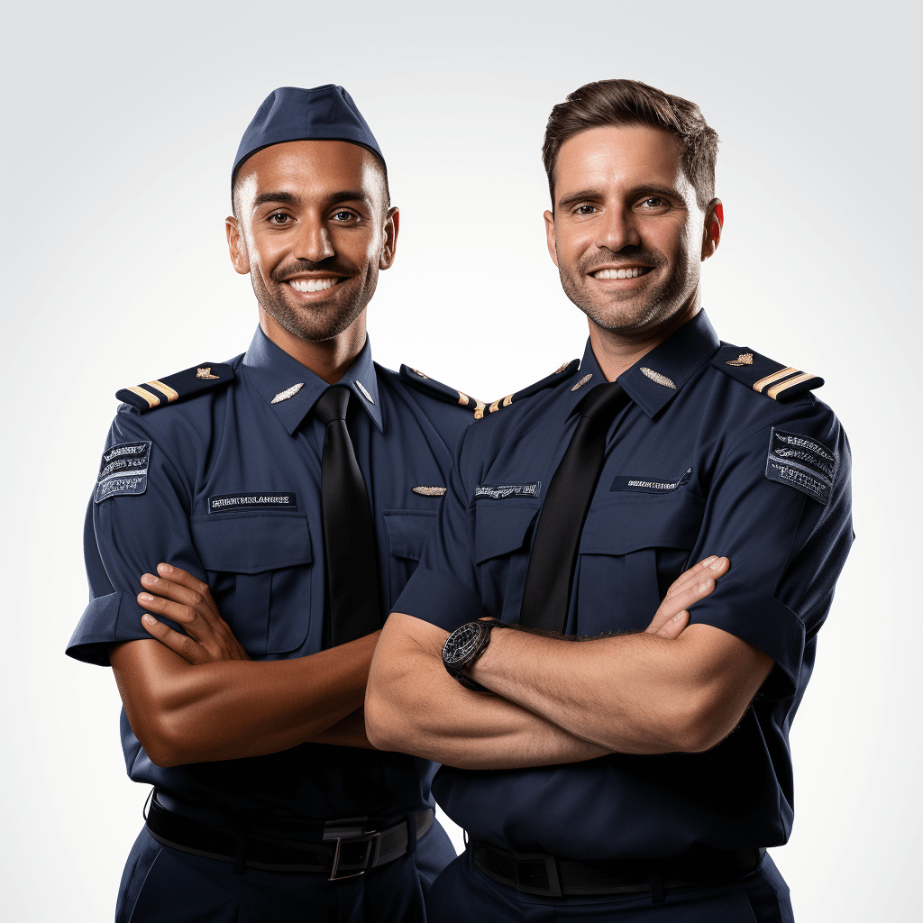 Two smiling men in navy blue airline pilot uniforms, posing with their arms crossed and looking at the camera against a white background for portrait photography stock. The photo was taken on a light gray gradient background with studio lighting, using a Sony α7 IV camera with a 35mm f/8 aperture.