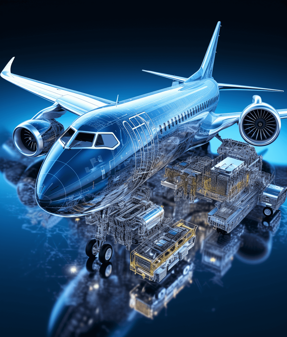 A blue background with an airplane and cargo boxes, with digital line drawings of the aircraft engine and cargo boxes on top of it. The scene is illuminated by bright lights, creating high-definition images with a three-dimensional perspective. It has a futuristic feel in the style of technology, a blue tone, high resolution, and hyperrealistic details.