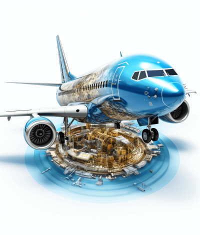 3d render of an airplane with blue color, surrounded by circular floating pieces showing the aircraft's internal structure and details such as engines, fuselage parts, and flight control system. The background is white to highlight the object in focus.