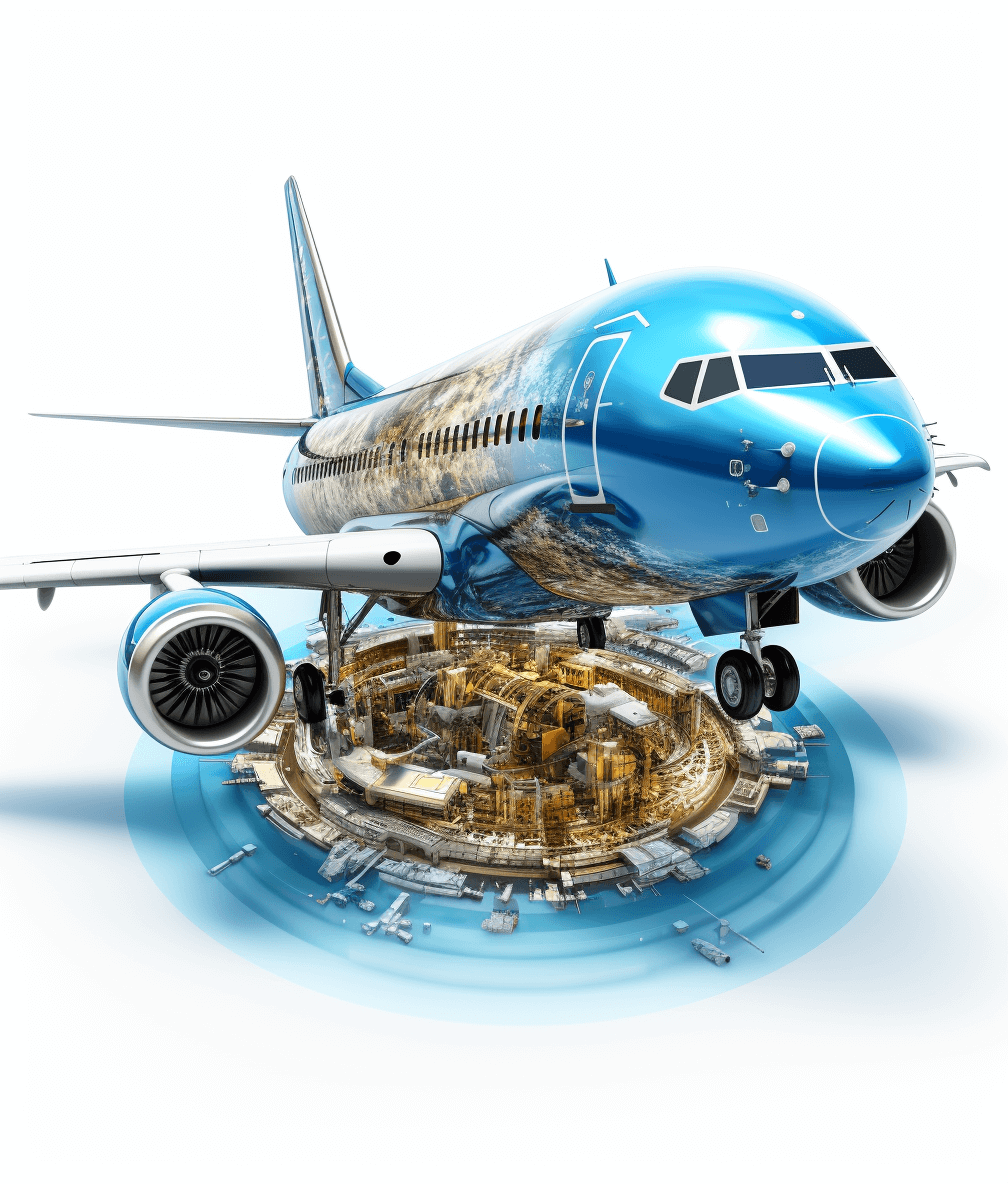 3d render of an airplane with blue color, surrounded by circular floating pieces showing the aircraft’s internal structure and details such as engines, fuselage parts, and flight control system. The background is white to highlight the object in focus.