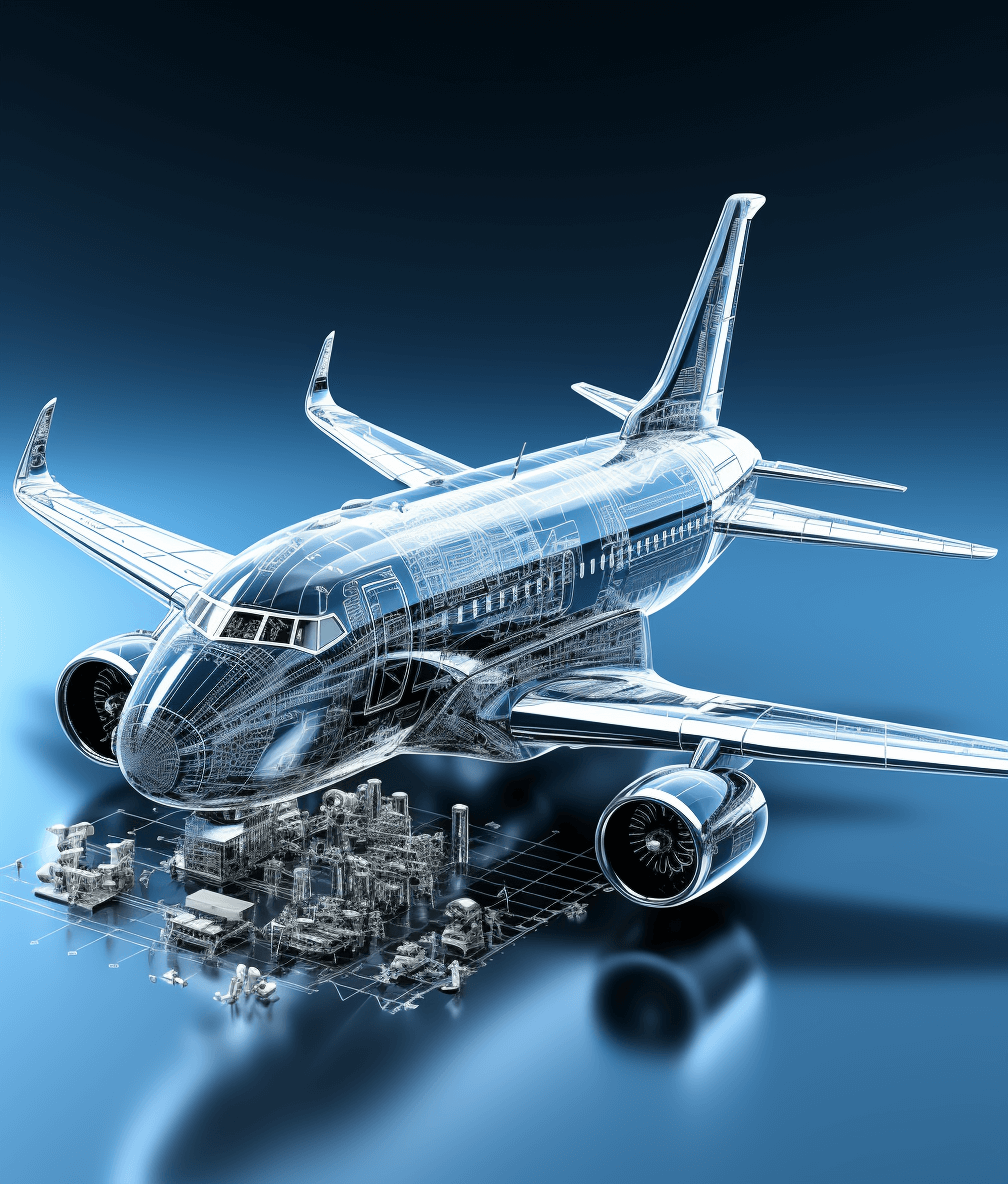 3D rendering of an airplane with engine parts and buildings on a blue background, white line art illustration in the style of fine details, isolated in a plain solid color background, stock photo quality, super realistic