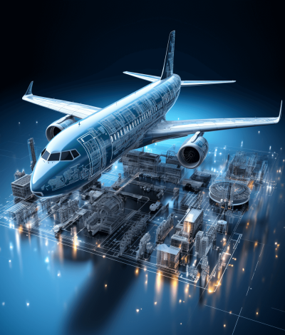 3D rendering of an airplane on a blue background with a digital city and technical elements in the style of technical elements.