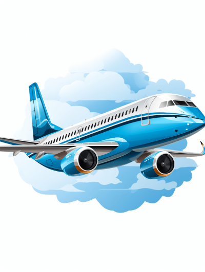 Vector plane illustration, blue cartoon airplane, white background, clouds below the wings of the aircraft, vector graphic style, high resolution, professional lighting