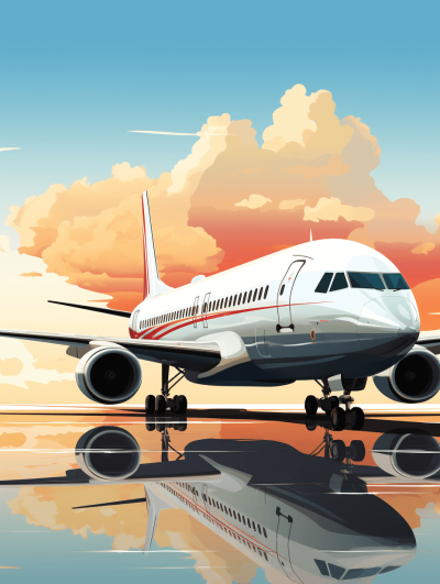 A white and red passenger plane is parked on the airport runway, with a sky background and sunset behind it. The vector illustration style features flat illustrations, cartoon scenes, symmetrical composition design, high-definition images, reflections of water surfaces below the airplane's wings, and cartoon cloud shapes in the upper part of the picture.