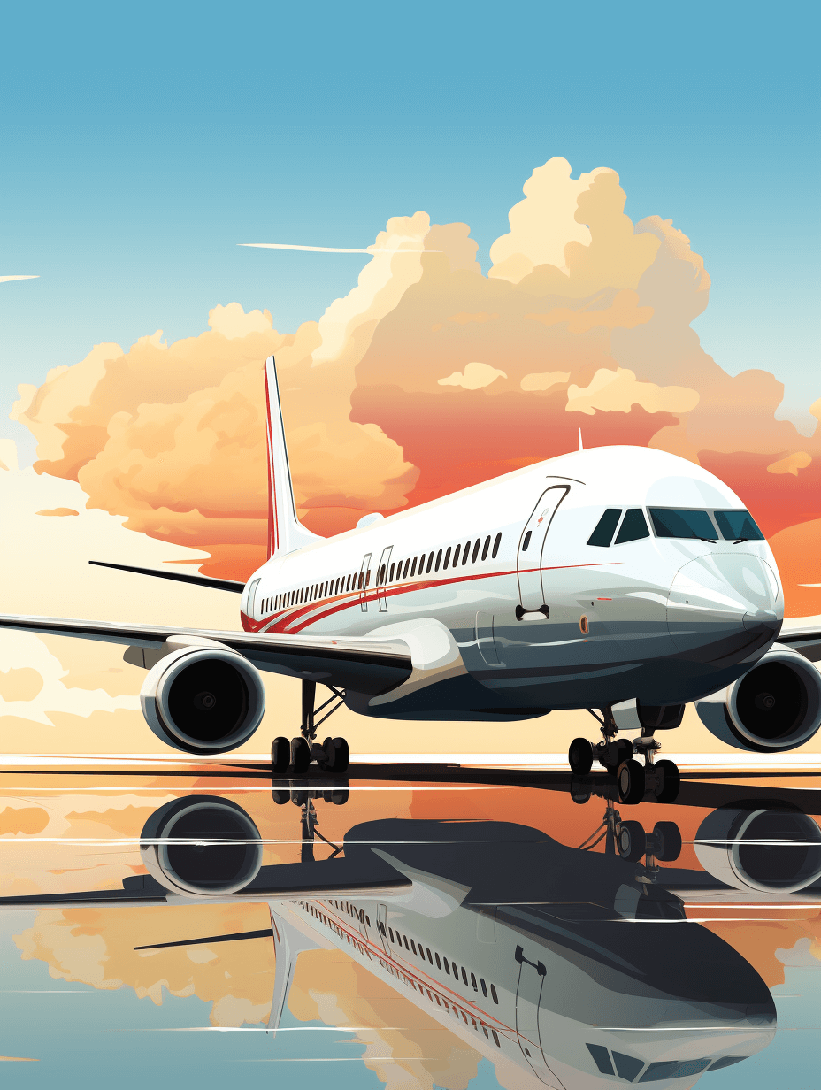 A white and red passenger plane is parked on the airport runway, with a sky background and sunset behind it. The vector illustration style features flat illustrations, cartoon scenes, symmetrical composition design, high-definition images, reflections of water surfaces below the airplane’s wings, and cartoon cloud shapes in the upper part of the picture.