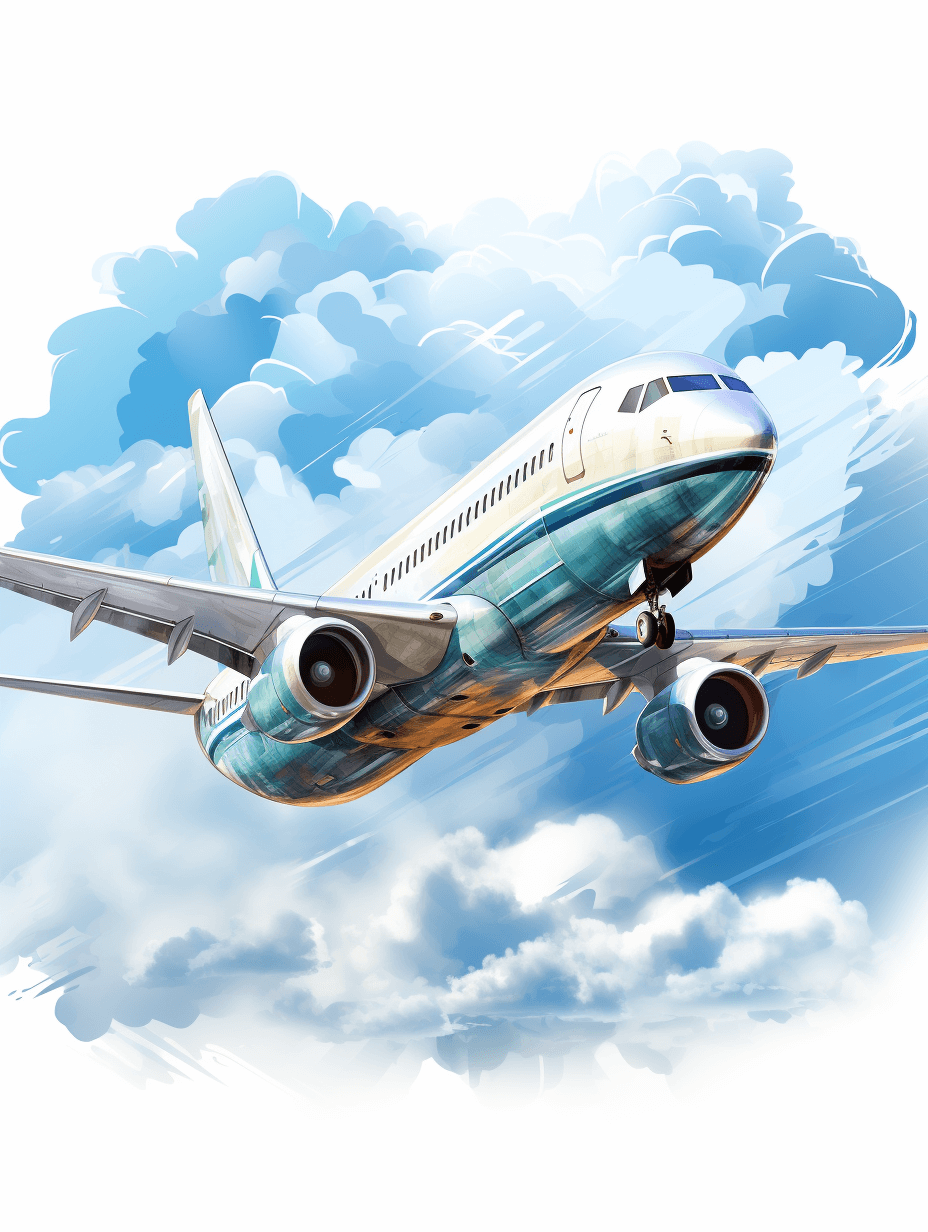 A Boeing airplane flying in the sky in the style of a cartoon, vector illustration with a white background and a blue and green color scheme, high resolution, high quality, high detail photo taken in the style of a Canon dslr with studio lighting and sharp focus, super detailed.