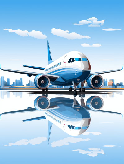 Airplane vector illustration with reflection on the ground, blue sky and city background