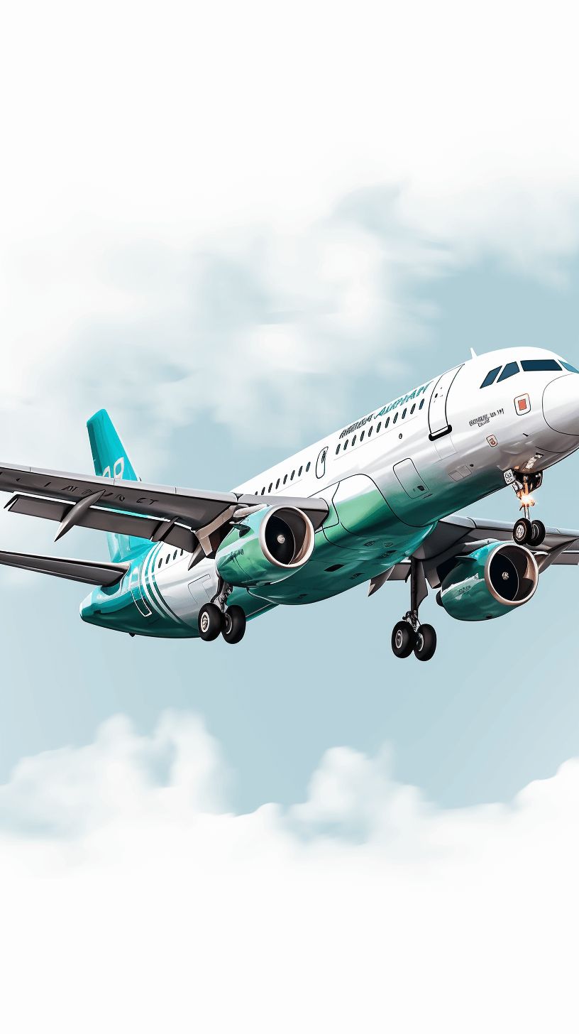 Illustration of an airplane with white and teal livery, flying in the sky. The plane is a modern A320 or similar sized aircraft. It has no text on it. There are some clouds around.