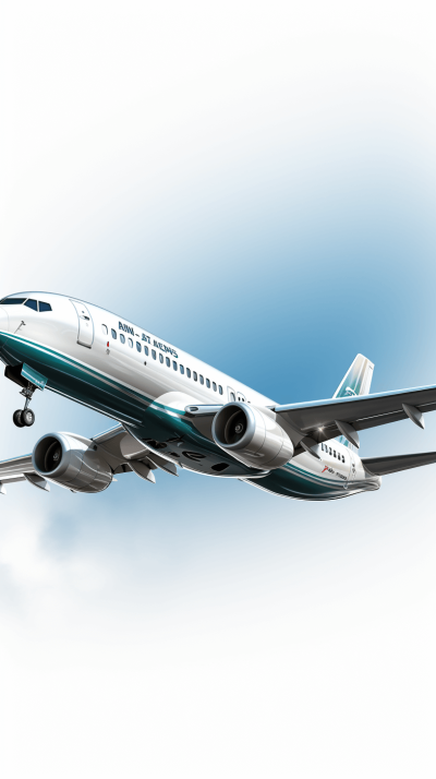 Illustration of an airplane flying in the sky, white and teal colors, the airplane is a boeing 737 with a "Boingn" logo on it, simple background, in the style of vector art, high resolution, no text or symbols, high detail, high quality, high definition, sharp focus, high contrast, in the style of professional photography, in the style of professional lighting, high dynamic range, HDR effect, detailed illustration, hyper realistic