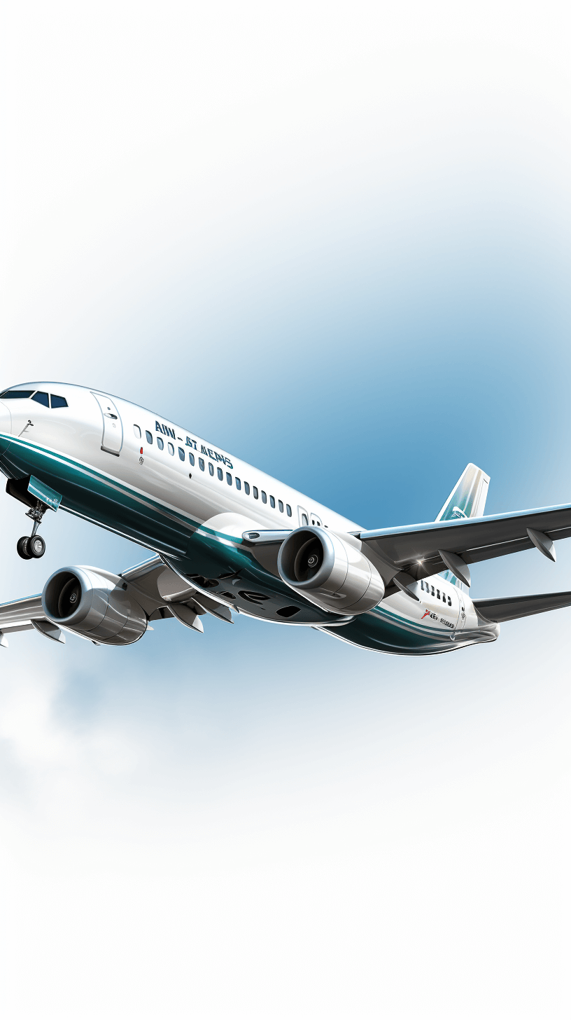 Illustration of an airplane flying in the sky, white and teal colors, the airplane is a boeing 737 with a “Boingn” logo on it, simple background, in the style of vector art, high resolution, no text or symbols, high detail, high quality, high definition, sharp focus, high contrast, in the style of professional photography, in the style of professional lighting, high dynamic range, HDR effect, detailed illustration, hyper realistic