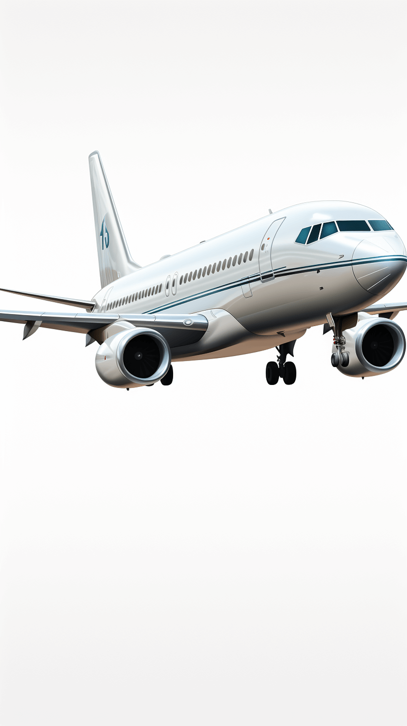 Realistic photograph of a complete airplane flying isolated against a solid stark white background with focused lighting. The photograph is in the style of an airplane flying in isolation against a plain white backdrop with targeted illumination.