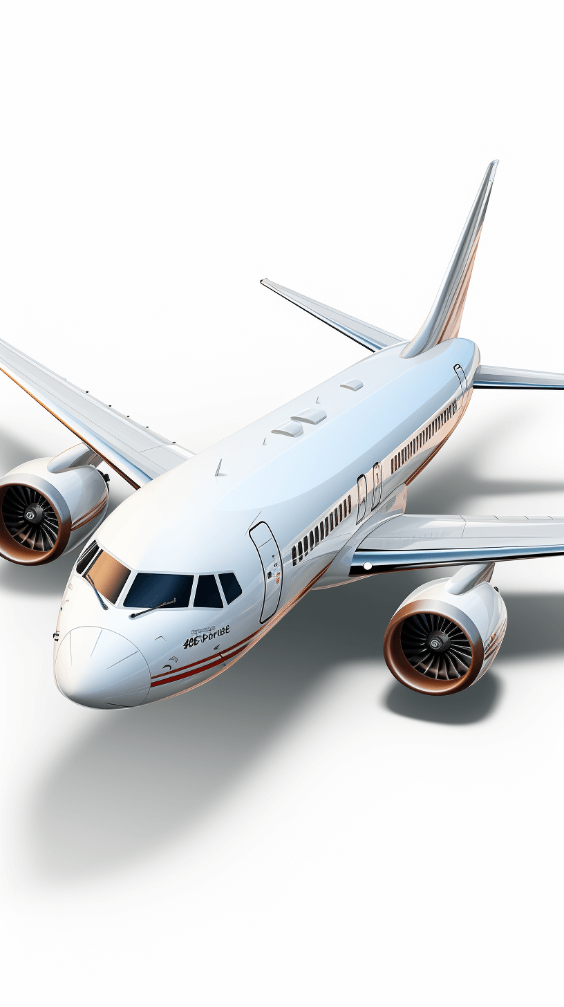 3d render of white boeing airplane with copper accents, white background, isometric view, high resolution, hyper realistic