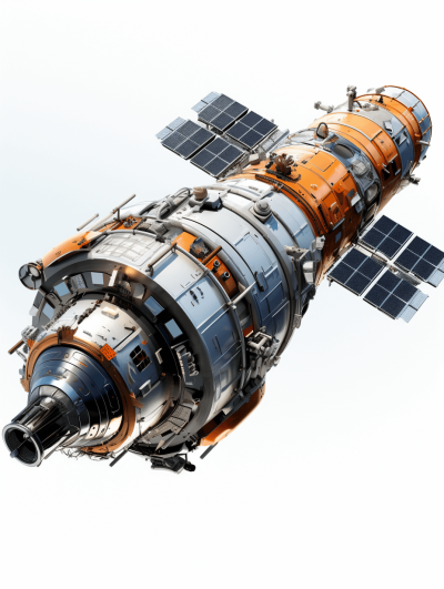 isometric view of a space station with an orange and grey color scheme rendered in a photorealistic style with a white background and studio lighting in the style of an octane render. A high resolution and highly detailed 3D rendering created with Blender displayed with sharp focus and high contrast details in a professional photography style.