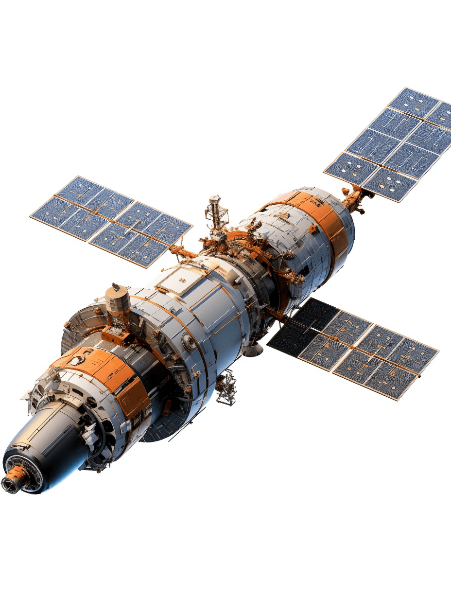 A realistic Russian space station with solar panels on a white background, in high resolution as a professional photograph with super detail against a solid color background in natural colors and with super sharp details in high definition.