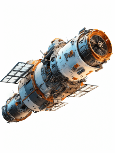 A space station in the shape of an engine, floating against a white background in an isometric side perspective view. The 3D render has hyperrealistic details and detailed textures with an orange and blue color scheme. The space station is isolated on a white background without shadows, reflections, or lighting effects. There is no shadow under the object or reflection effect.