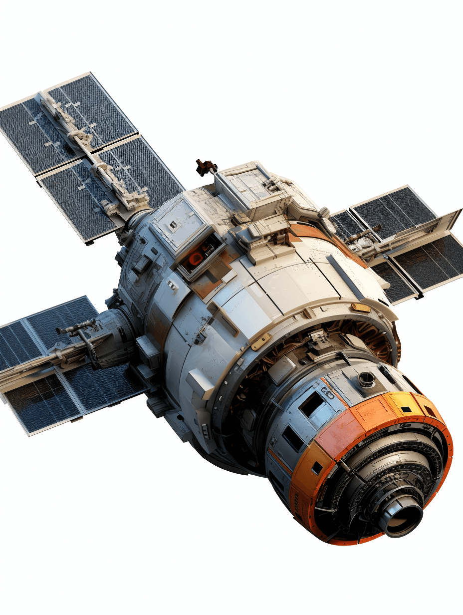 A realistic rendering of an isolated space station with a white background and top down view under studio lighting, rendered in Octane with hyper detail in the style of photography.