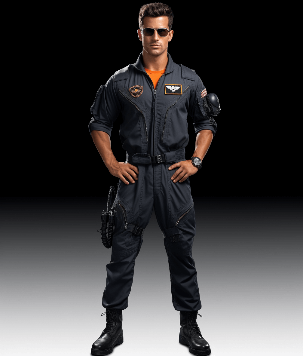 full body shot of male air force pilot wearing navy blue jumpsuit, orange shirt underneath and black aviator sunglasses, posing with hands on hips, black background, full length, hyper realistic photography