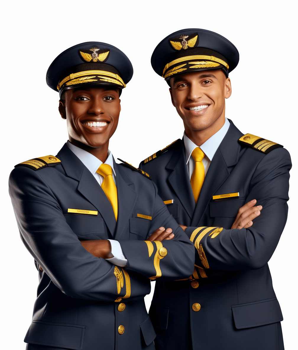 Photorealistic smiling Black male and female airplane pilots standing next to each other with their arms crossed, wearing navy blue uniforms with yellow trim on the shoulders of the jacket and hat, isolated white background, high resolution photography. The image is in the style of high resolution photography.