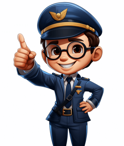 cartoon character of an airplane pilot, a young boy with dark brown hair and glasses wearing a blue uniform hat giving a thumbs up pose, transparent background, in the style of Pixar