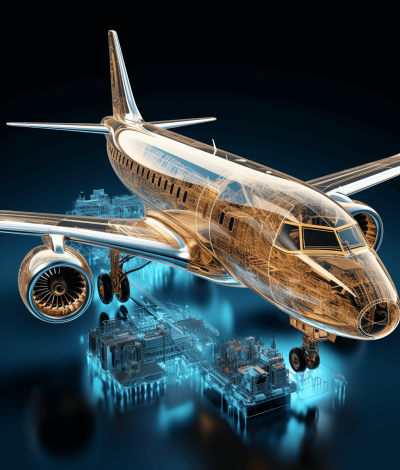 3D rendering of an airplane with holographic blueprints and transparent skin, showcasing the internal structure of aircraft engine parts and metal structures. The background is a dark black, creating strong contrast between light gold lines on the translucent plane body, wings and windows. It is surrounded by futuristic city buildings and floating islands, adding depth to the scene. High resolution photography style. Soft lighting creates a sense of mystery. in the style of futuristic photography.