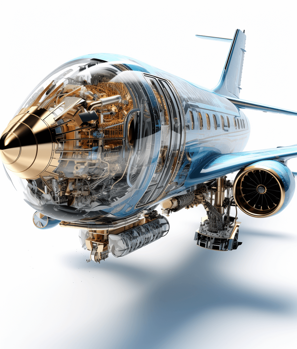 cutaway of futuristic airplane with gold and blue details, on white background, high resolution photography, insanely detailed, fine details, isolated object, professional color grading, clean sharp focus