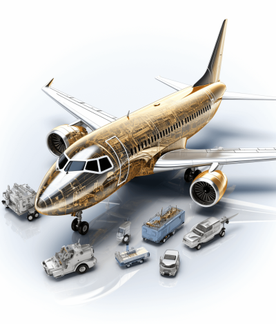 A photorealistic rendering of an airplane with gold and silver parts, surrounded by various vehicles including cars, trucks, and cargo carts on the ground, all in white background. The scene is designed to highlight the aircraft's structure and materials, emphasizing its luxury design and construction details. This composition emphasizes the elegance of air travel and commercial logistics, with each element placed carefully for visual harmony., focus stacked, isolated,