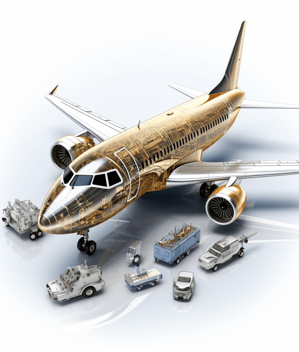 A photorealistic rendering of an airplane with gold and silver parts, surrounded by various vehicles including cars, trucks, and cargo carts on the ground, all in white background. The scene is designed to highlight the aircraft’s structure and materials, emphasizing its luxury design and construction details. This composition emphasizes the elegance of air travel and commercial logistics, with each element placed carefully for visual harmony., focus stacked, isolated,