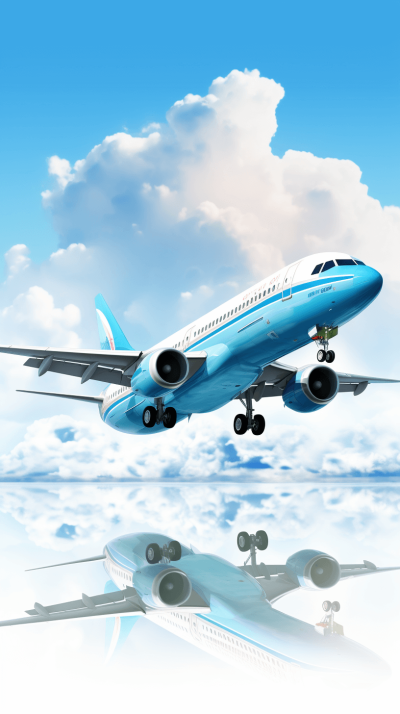 A light blue passenger plane is flying in the sky, with clouds and clear skies behind it. The airplane's body has an extremely realistic texture, with four engines on its wings. There is also another aircraft reflected below, creating a surreal scene. This illustration was created using vector graphics software such as Adobe Illustrator or high-definition photography. It features high resolution and detailed details in the style of realistic vector graphics.