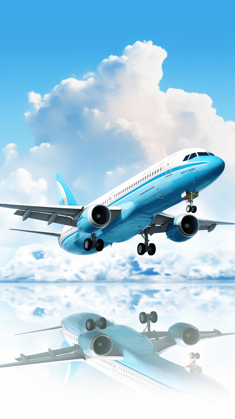 A light blue passenger plane is flying in the sky, with clouds and clear skies behind it. The airplane’s body has an extremely realistic texture, with four engines on its wings. There is also another aircraft reflected below, creating a surreal scene. This illustration was created using vector graphics software such as Adobe Illustrator or high-definition photography. It features high resolution and detailed details in the style of realistic vector graphics.