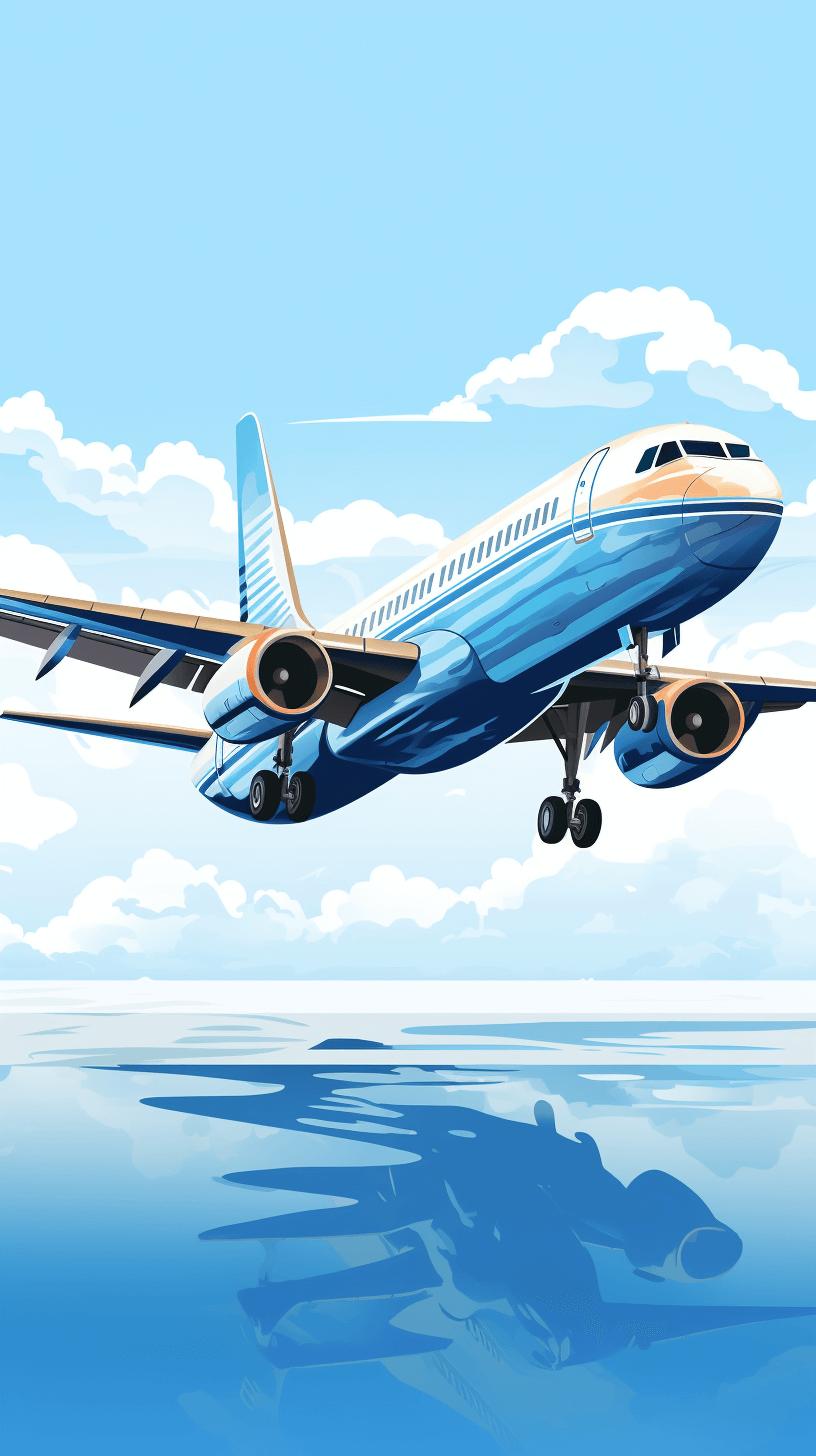 Airplane vector illustration with blue sky and water reflection background for travel concept., Isolated on pastel background, clipart style