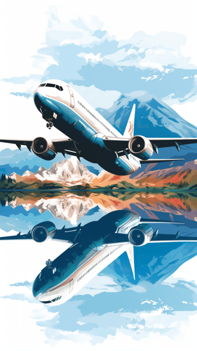 A boeing airplane flies over the mountains in the style of a vector illustration. The sky has blue and white colors with clear lines. It has a colorful, cartoon style with high resolution and high detail. This digital art is a professional vector design with contour graphics and high contrast. The symmetrical composition has an airbrushed effect with detailed reflections and reflection mapping. The artwork has high quality, sharpness, details, definition and resolution.