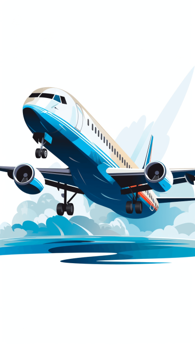 Flat vector illustration of an airplane taking off, in blue and white colors with simple shapes on a white background without shadows in a cartoon style at high resolution without shading details or textures and with clear lines. The plane is flying over the ocean with clouds in the sky behind it. It has two engines on each side at its back end, with one engine per wing, and windows all around. There's some text written below that says "T athletes".