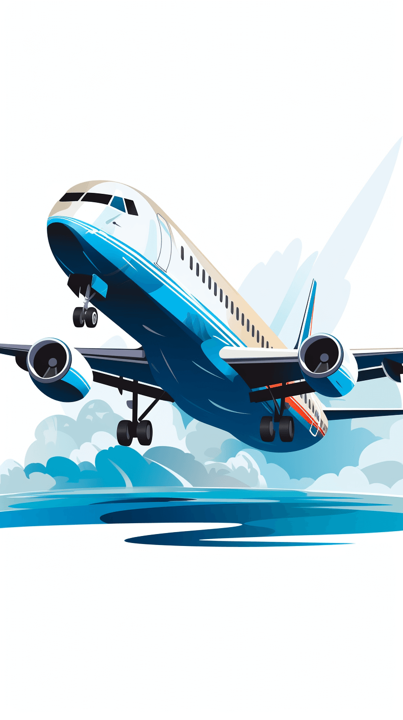 Flat vector illustration of an airplane taking off, in blue and white colors with simple shapes on a white background without shadows in a cartoon style at high resolution without shading details or textures and with clear lines. The plane is flying over the ocean with clouds in the sky behind it. It has two engines on each side at its back end, with one engine per wing, and windows all around. There’s some text written below that says “T athletes”.