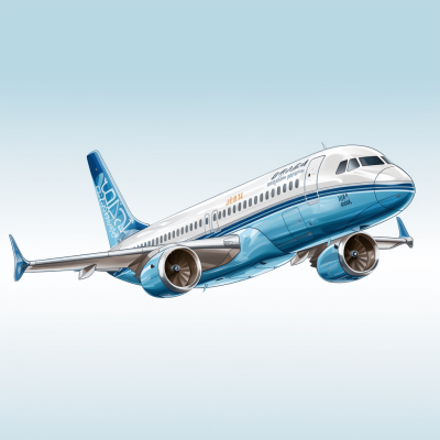 Illustration of an A320 airplane in light blue and white, flying against a clear sky background. The plane is depicted with detailed technical features such as engines, wings, tail wings, windows, and doors, all rendered realistically. It has the text "AerISING" on its side, giving it a modern feel. This design emphasizes realism while maintaining clarity in the style of a children's book illustration.