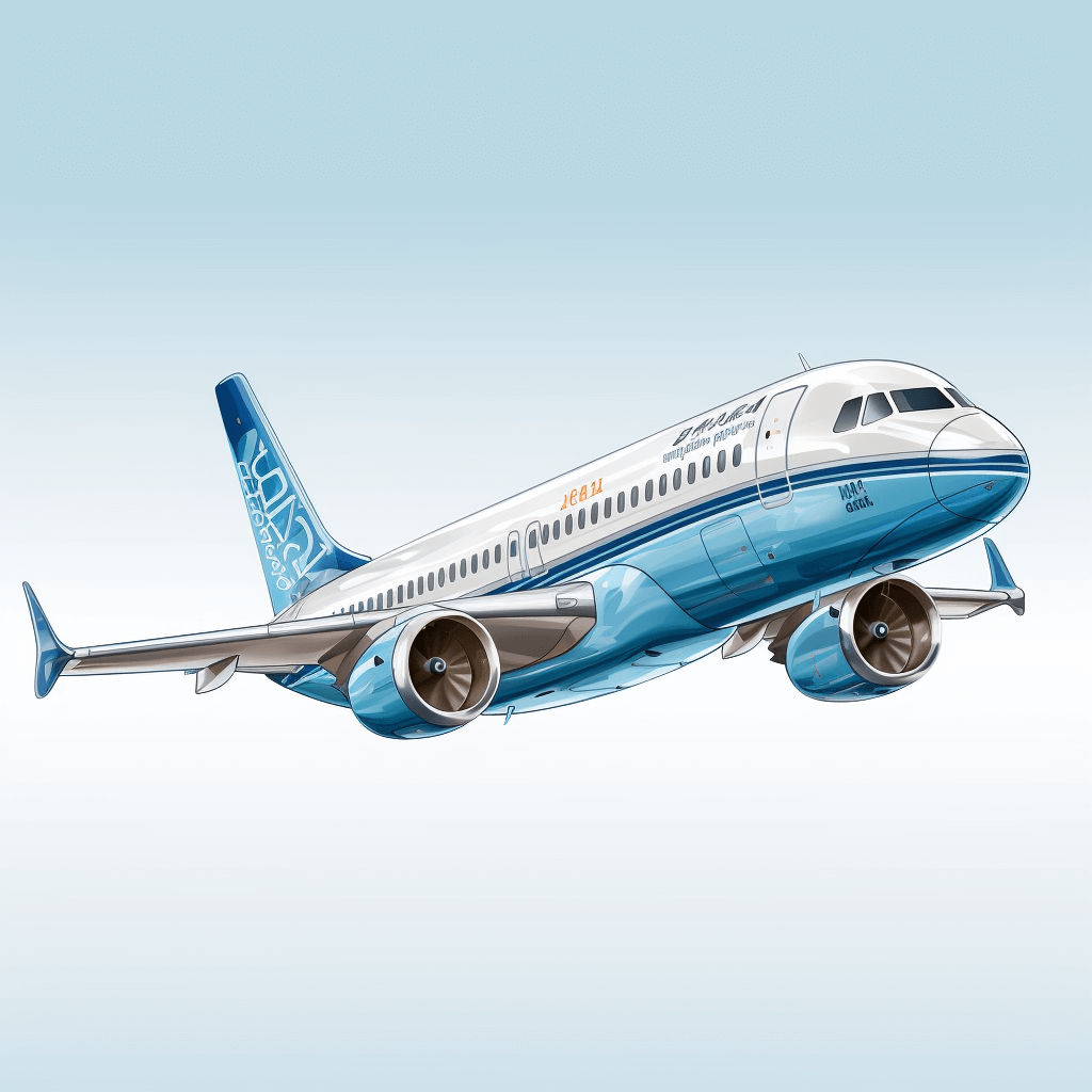 Illustration of an A320 airplane in light blue and white, flying against a clear sky background. The plane is depicted with detailed technical features such as engines, wings, tail wings, windows, and doors, all rendered realistically. It has the text “AerISING” on its side, giving it a modern feel. This design emphasizes realism while maintaining clarity in the style of a children’s book illustration.