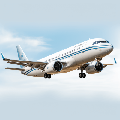 An A320 airplane with white and blue livery is flying in the sky, in the style of photorealistic, ultra realistic.