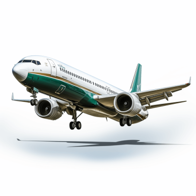 3D vector graphic of a Boeing airplane with a white and green livery, flying in the air against a white background, with no shadows or gradients, high resolution, high detail, realistic render in the style of an aircraft design.