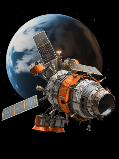 A satellite in space with Earth behind it, orange and black colors, hyperrealistic scifi style, black background, white background, and white blue gray color scheme.