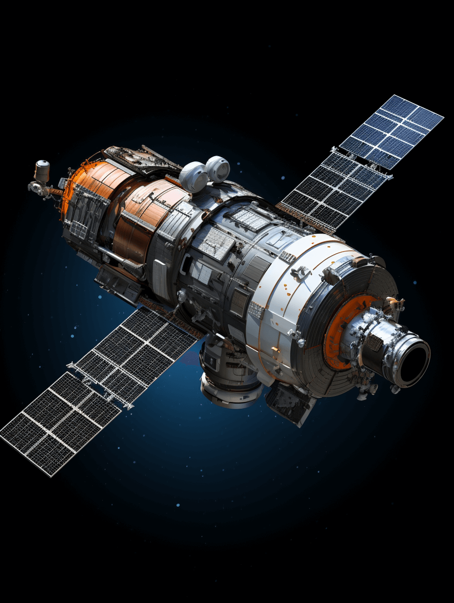 A detailed view of the Russian Edward COnesy Space Station, with solar panels and robotic arms in space, on black background, vector illustration style, 3D rendering, digital art, no perspective, no depth of field, no light effects, no shadows, no reflections, high resolution, hyperrealistic details, high contrast, sharp focus, no blur effect.