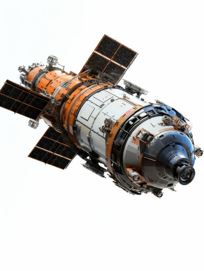 A realistic photo of the Russian Haybiyak space station, floating in a white background, with an orange and black color scheme, product shot, studio lighting, shot on a Sony Alpha A7 IV in the style of Sony Alpha A7 IV.