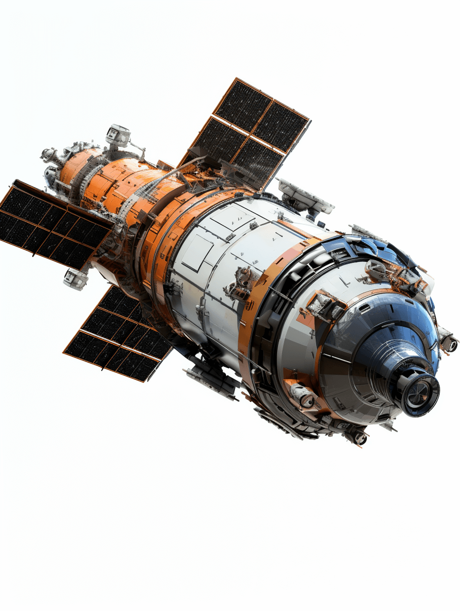 A realistic photo of the Russian Haybiyak space station, floating in a white background, with an orange and black color scheme, product shot, studio lighting, shot on a Sony Alpha A7 IV in the style of Sony Alpha A7 IV.