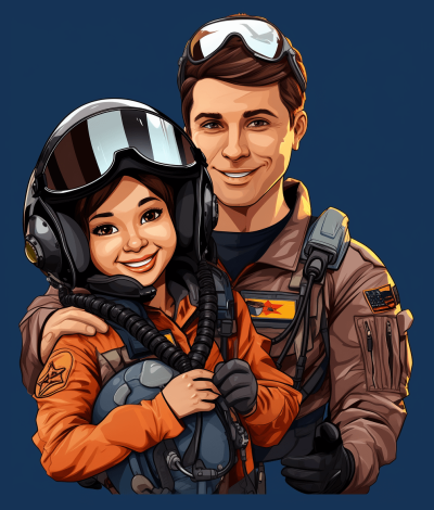 A young smiling pilot woman in an orange jacket and black helmet is holding her husband, who has brown hair with glasses on his head and wearing dark blue flight . Vector style cartoon illustration, high detail, 2D vector art, vibrant colors, dark background,