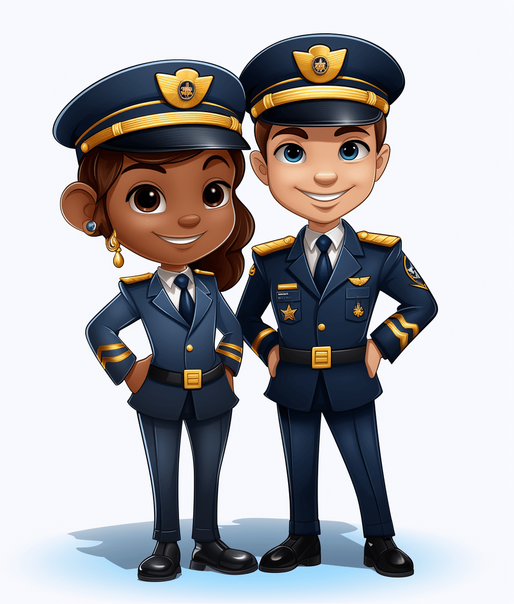 Two cartoon characters, one black girl and the other white boy in a navy blue pilot uniform with gold trim, wearing police hats on their heads, smiling, standing side by side on a white background. Vector graphics in bright colors in the style of a cartoon style.