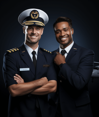 Portrait of two handsome smiling male flight crew members, black background, standing next to each other and posing for the camera, dressed in navy blue air crew uniform with white stripes on the shoulders, one man is wearing a captain hat, the second young dark skinned guy has his hands folded across his chest, behind them there's an airplane, in the style of photorealistic, professional photography with studio lighting.