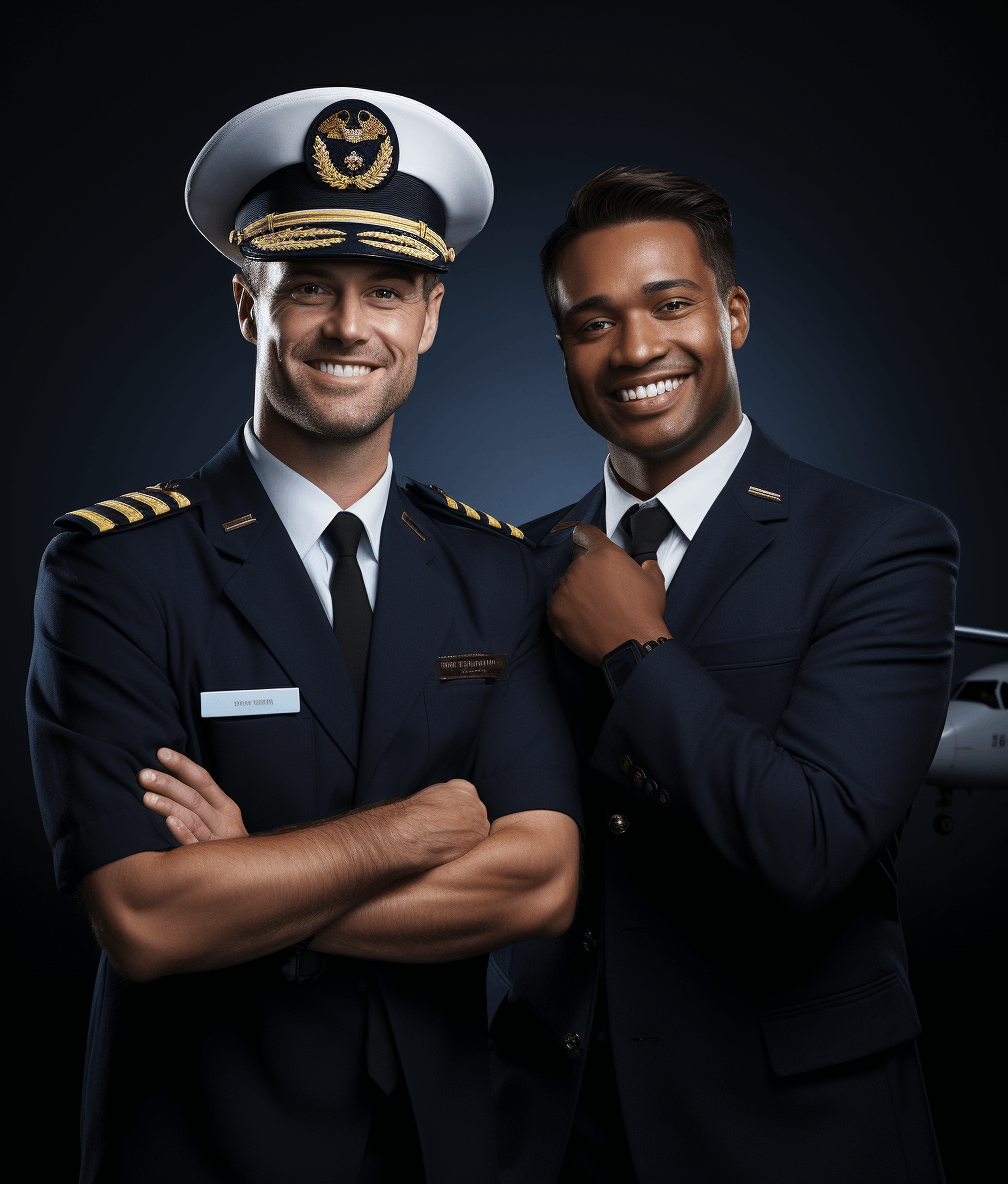 Portrait of two handsome smiling male flight crew members, black background, standing next to each other and posing for the camera, dressed in navy blue air crew uniform with white stripes on the shoulders, one man is wearing a captain hat, the second young dark skinned guy has his hands folded across his chest, behind them there’s an airplane, in the style of photorealistic, professional photography with studio lighting.